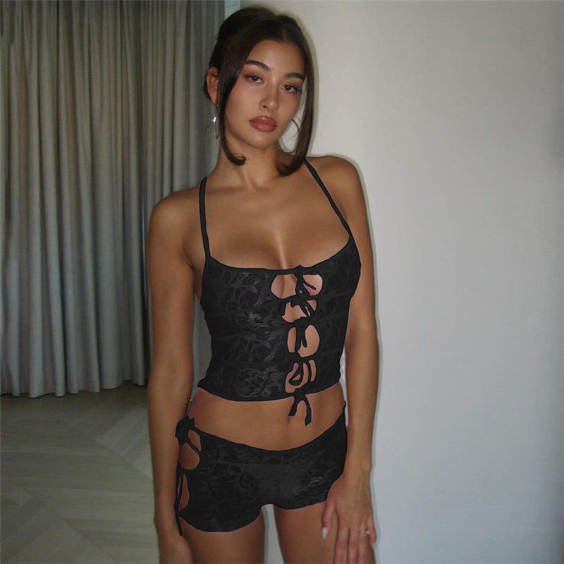 Fashion Lady Slim Fit Midriff-baring Lace Up Lace Suit