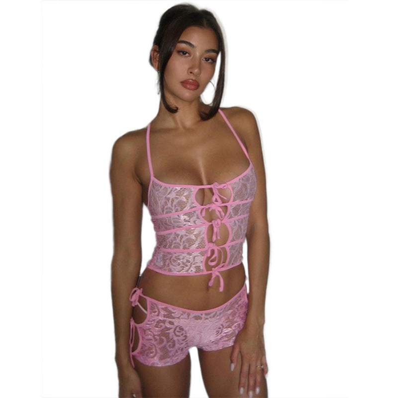 Fashion Lady Slim Fit Midriff-baring Lace Up Lace Suit