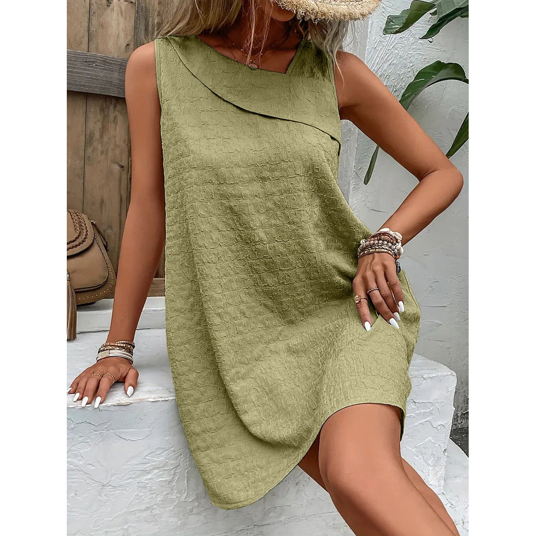 Slimming Diagonal Collar Sleeveless Dress