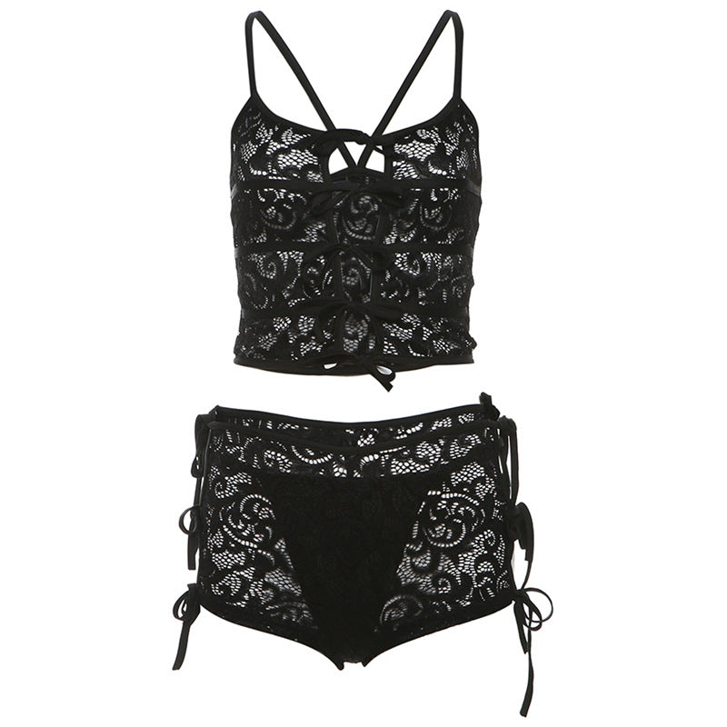 Fashion Lady Slim Fit Midriff-baring Lace Up Lace Suit