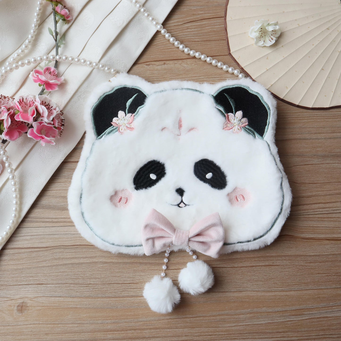 Winter Panda Embroidery Pearl Chain Plush Bag