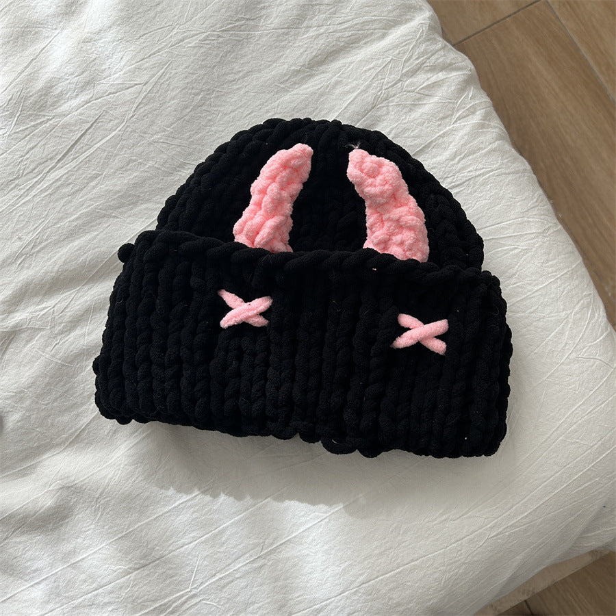 Wool Hat Cute Little Devil Mask Horn Hood Thickened Warm Knitted Hat Sweet Cool Style Autumn And Winter