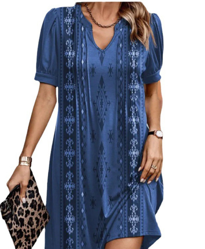 Casual Loose V-neck Patchwork Short Sleeve Dress Women