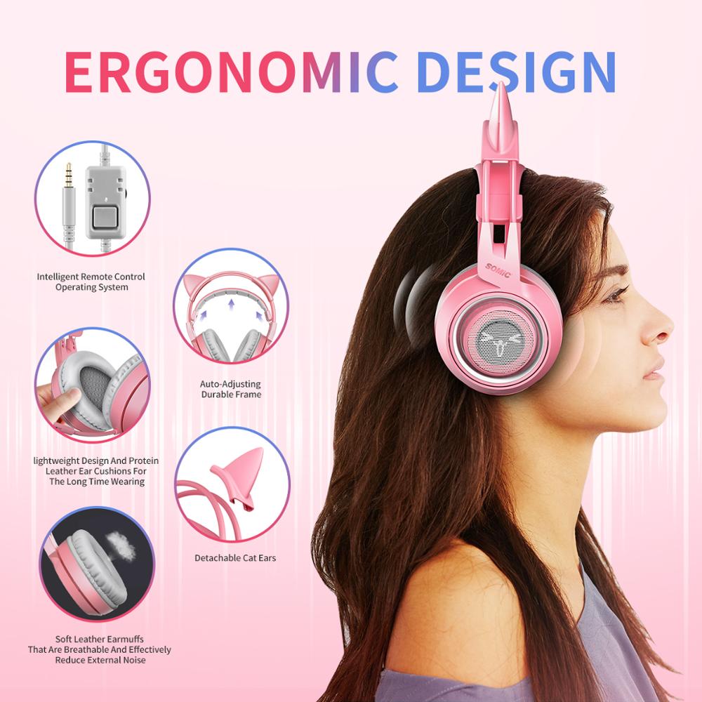 SOMIC G951s Pink Girl Cat Ear Gaming Headphone 3.5mm Plug Cute Headset for PC Xbox one PS4 Phone Pad Girl Kids Gaming Headset