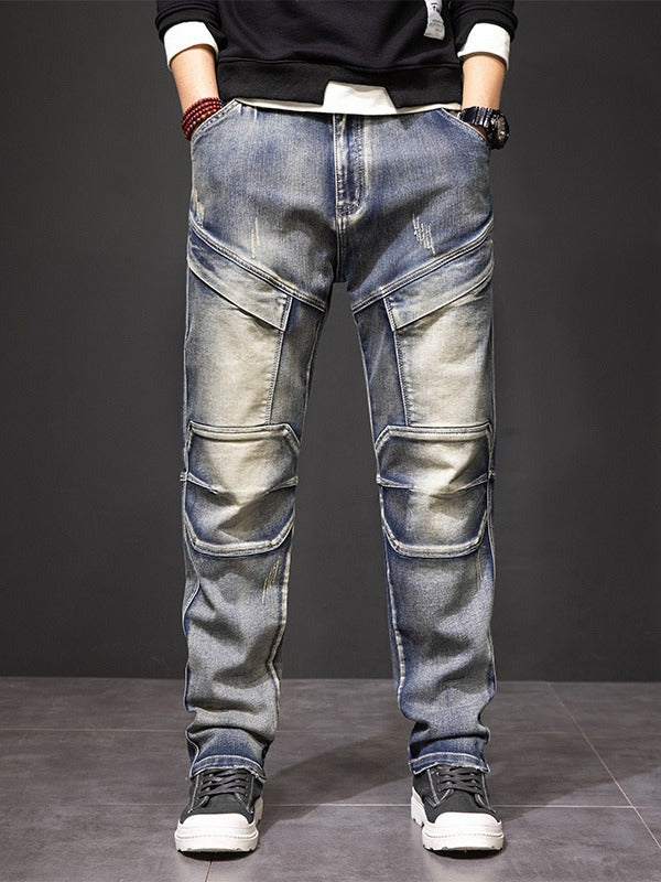 Men's Multi Pocket Workwear Distressed Yellow Jeans