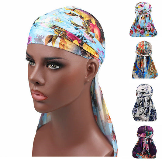 High Elastic Print Long Tail Pirate Hat Men Women Pile Cap