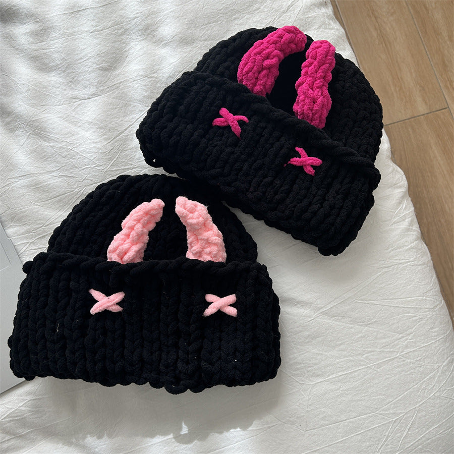 Wool Hat Cute Little Devil Mask Horn Hood Thickened Warm Knitted Hat Sweet Cool Style Autumn And Winter