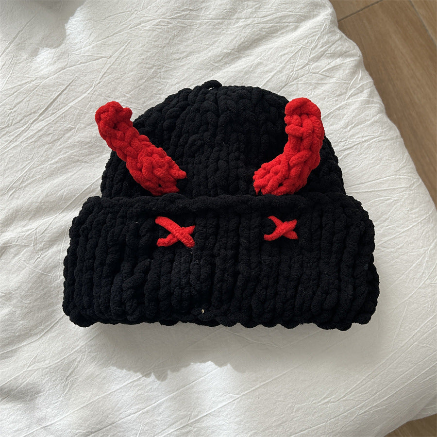 Wool Hat Cute Little Devil Mask Horn Hood Thickened Warm Knitted Hat Sweet Cool Style Autumn And Winter