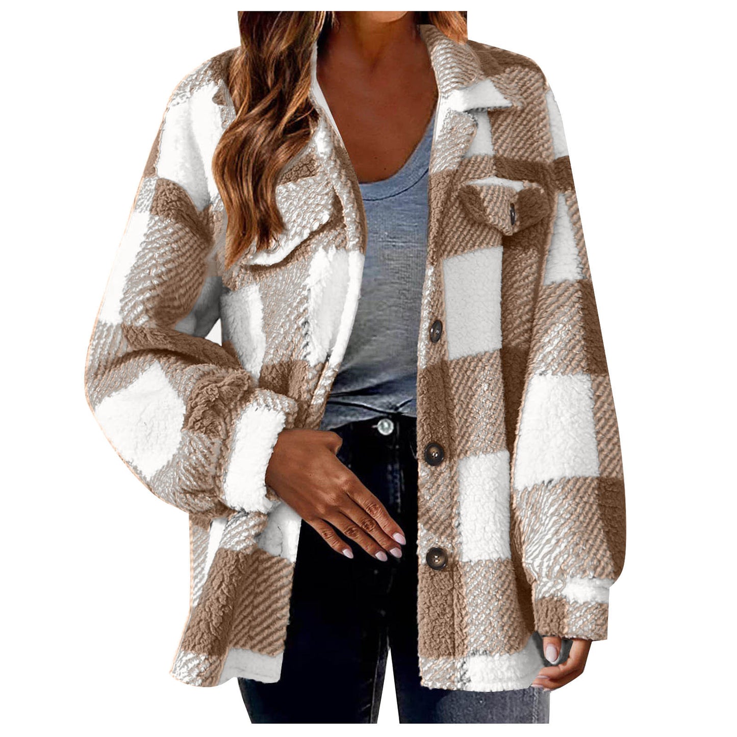 New Autumn And Winter Plaid Lambswool Jacket With Pockets Button Plush Coat