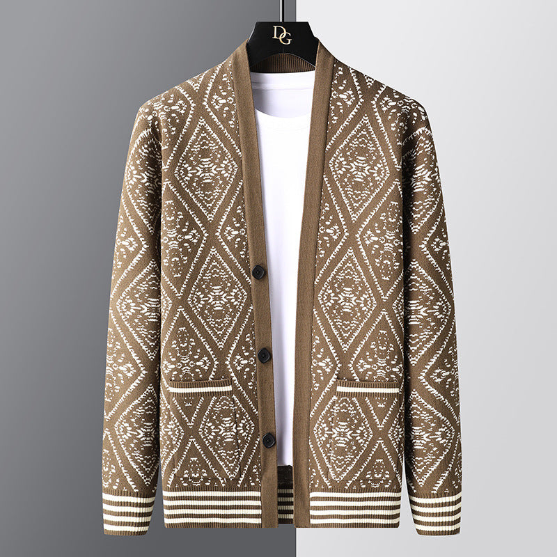 Spring And Autumn New Jacquard Cardigan V-neck Sweater Men