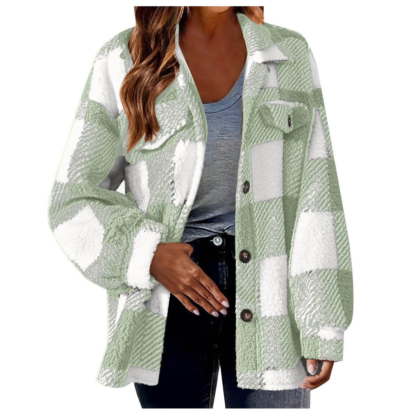 New Autumn And Winter Plaid Lambswool Jacket With Pockets Button Plush Coat