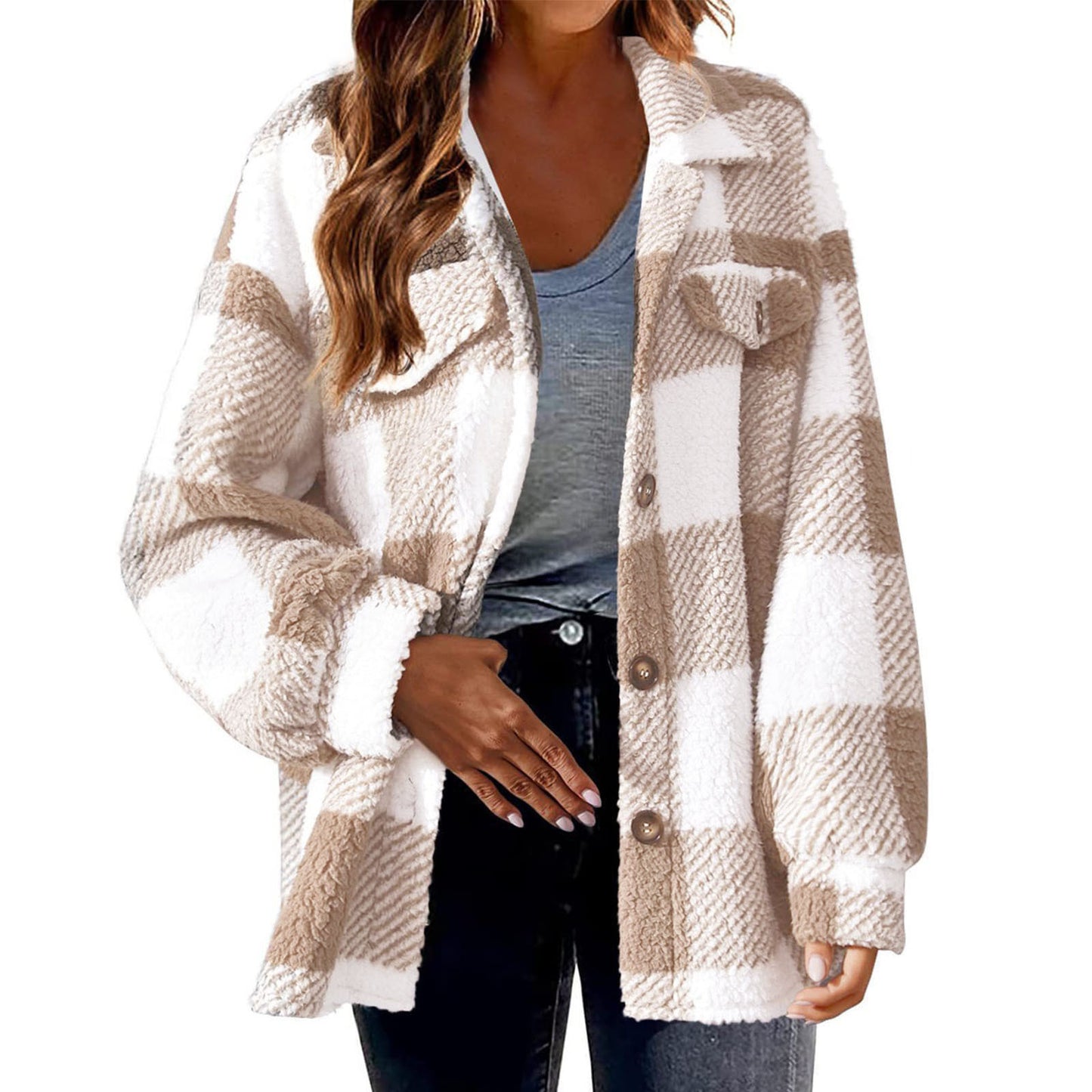 New Autumn And Winter Plaid Lambswool Jacket With Pockets Button Plush Coat