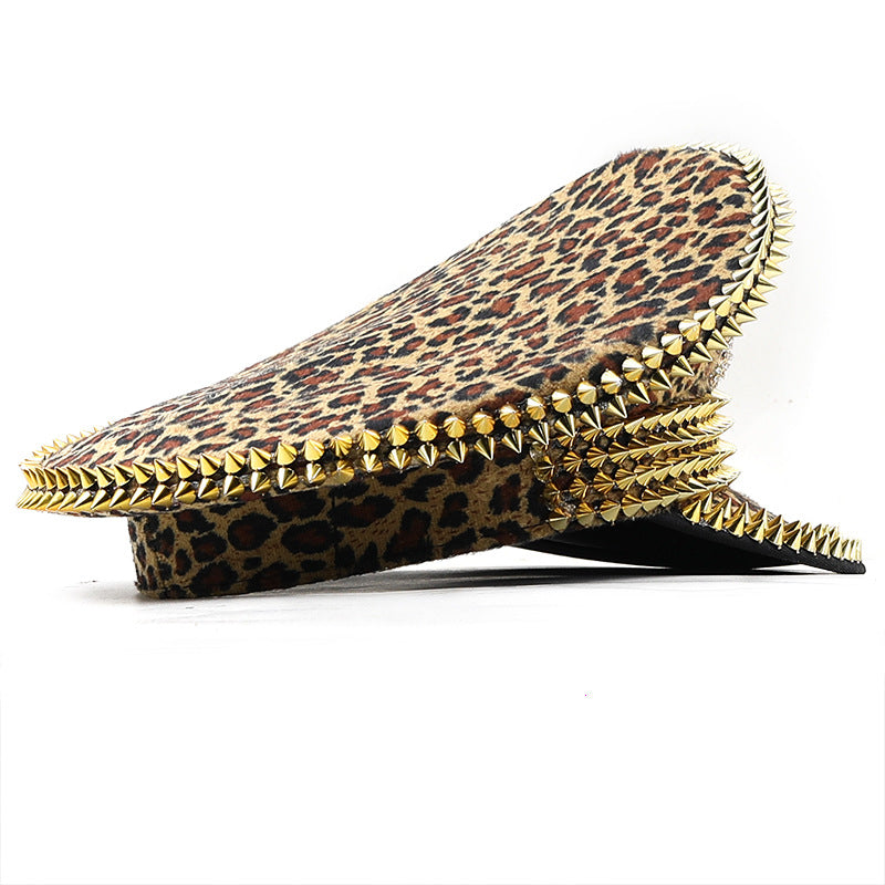 Women's Large Round Leopard Rivet Hat Ball Punk Hip Hop Hat