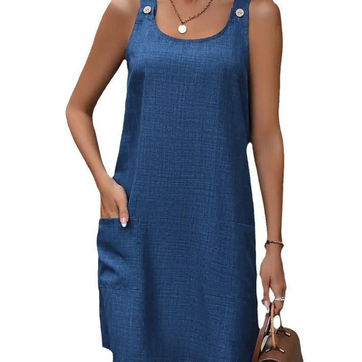 Leisure Fashion Round Neck Sleeveless Denim Sling Mid-length Dress