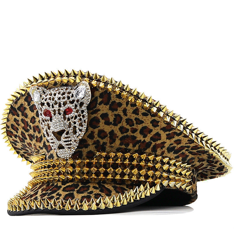 Women's Large Round Leopard Rivet Hat Ball Punk Hip Hop Hat