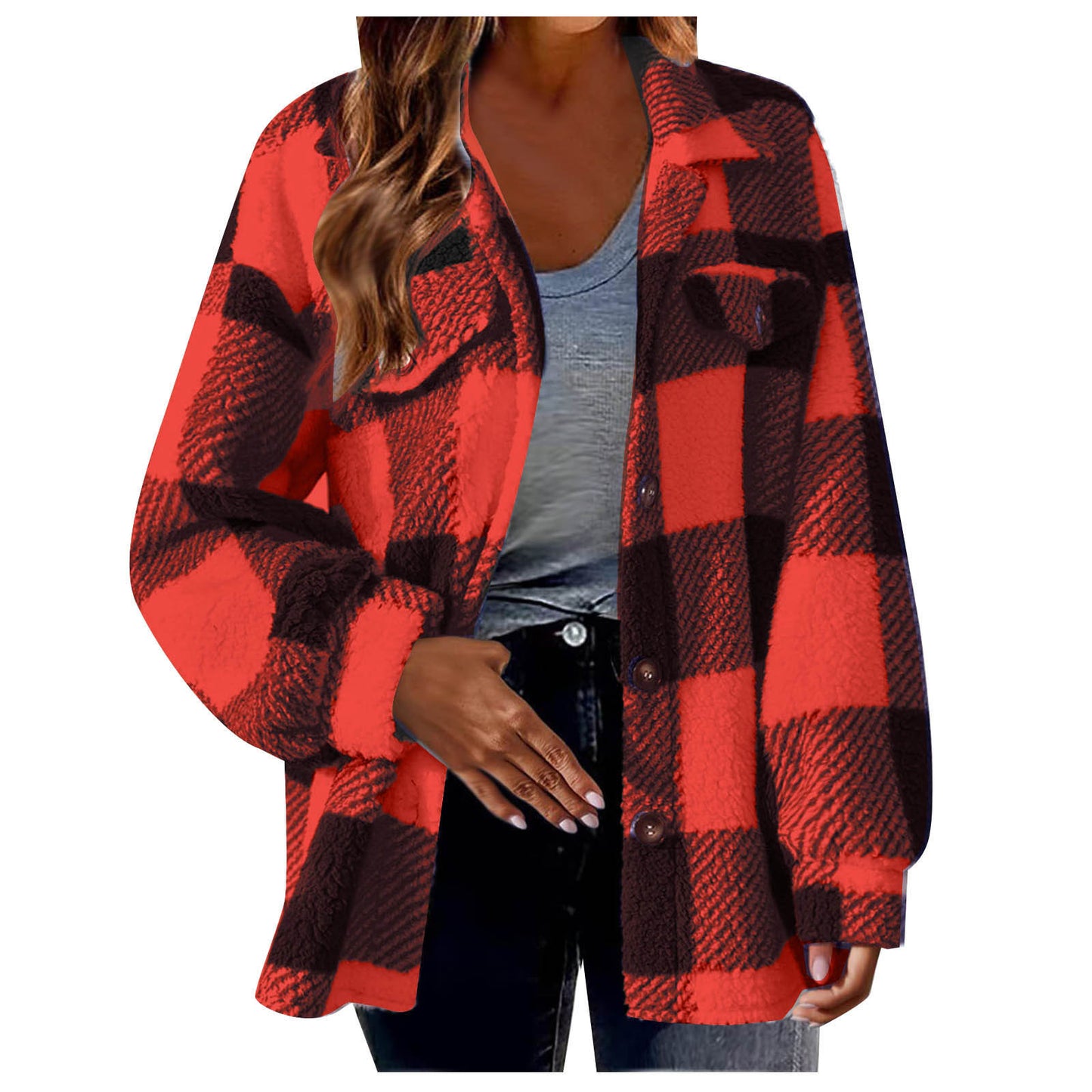 New Autumn And Winter Plaid Lambswool Jacket With Pockets Button Plush Coat