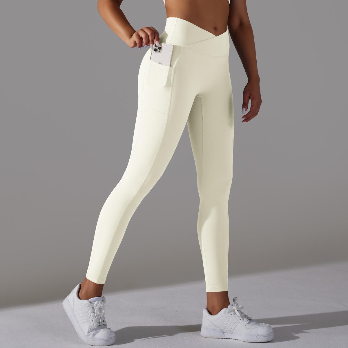 Nude Feel Skin-friendly Cross Waist Pocket Stretch Fitness Sports Ninth Pants