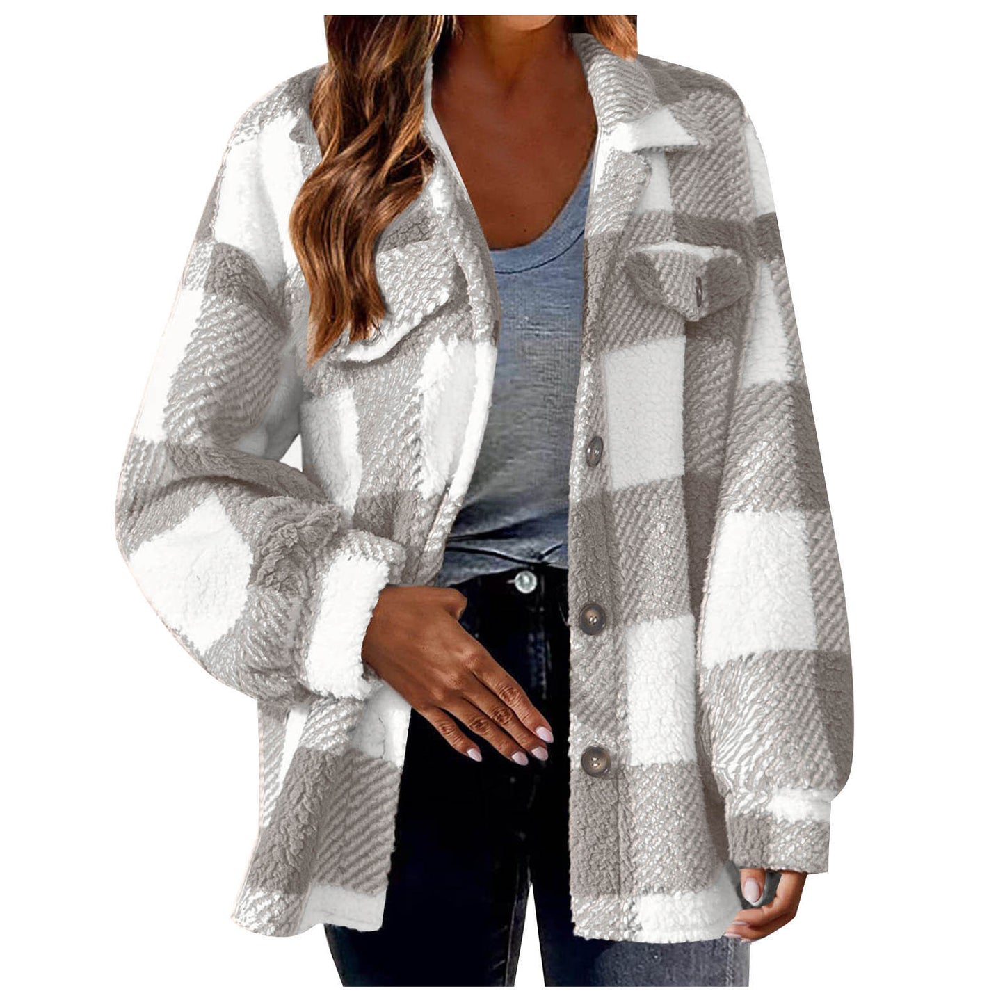 New Autumn And Winter Plaid Lambswool Jacket With Pockets Button Plush Coat