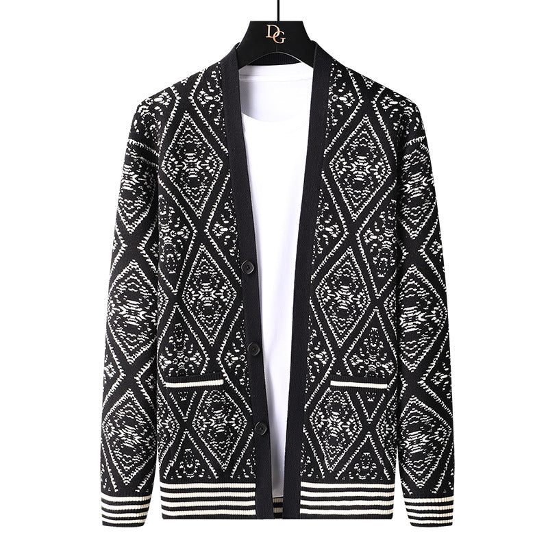 Spring And Autumn New Jacquard Cardigan V-neck Sweater Men