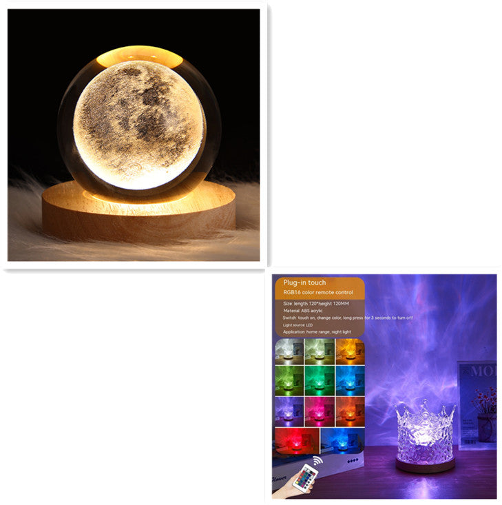 LED Water Ripple Ambient Night Light USB Rotating Projection Crystal Table Lamp RGB Dimmable Home Decoration 16 Color Gifts