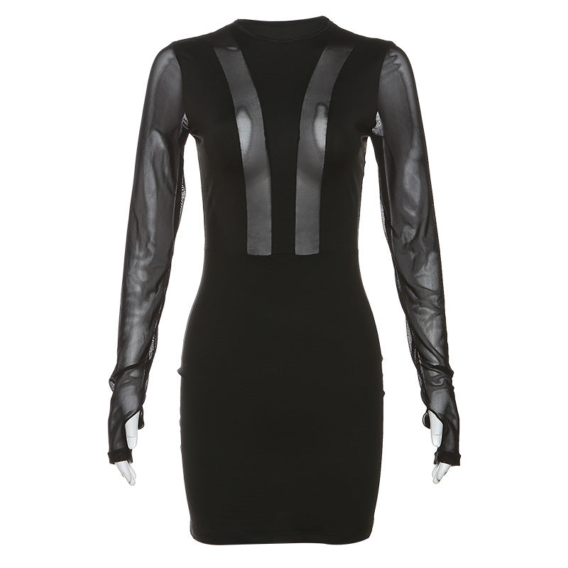 See-through Mesh Stitching Long Sleeves Round Neck Sheath Dress