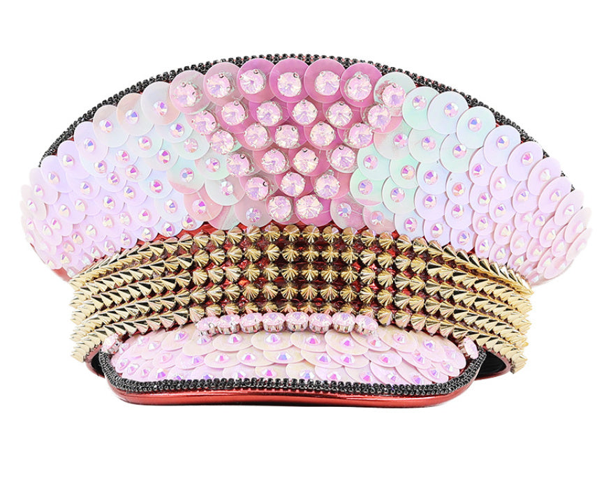 Women's Wedding Cap Pink Sequin Diamond Photography Hat Peaked Cap Party Carnival Flat-top Hat Performance Cap