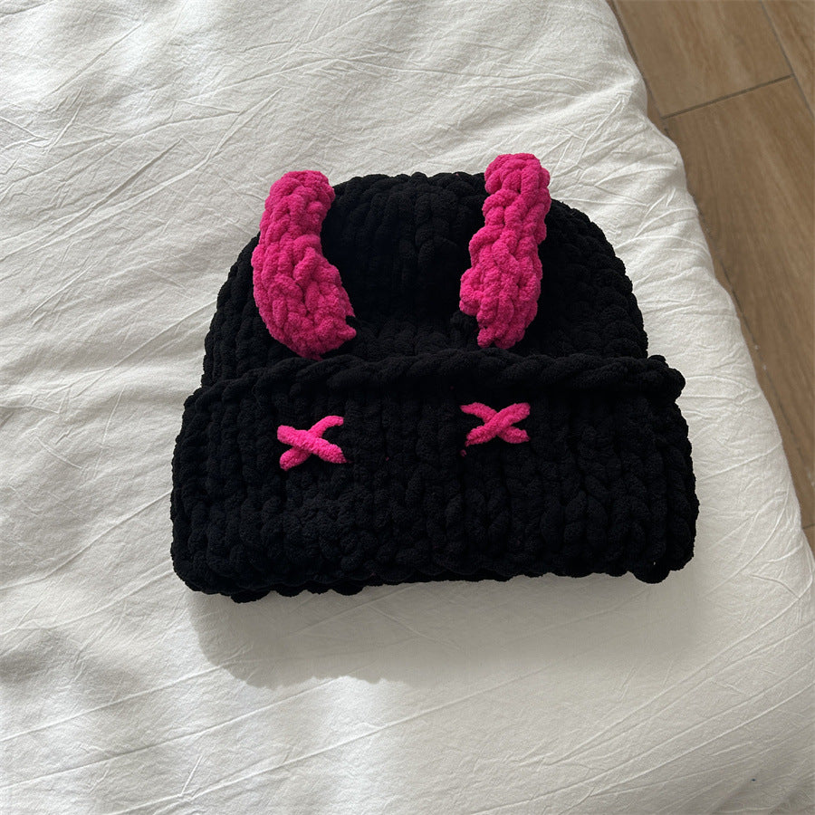 Wool Hat Cute Little Devil Mask Horn Hood Thickened Warm Knitted Hat Sweet Cool Style Autumn And Winter