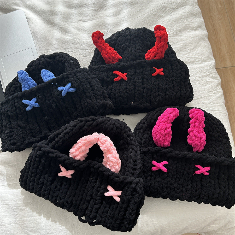 Wool Hat Cute Little Devil Mask Horn Hood Thickened Warm Knitted Hat Sweet Cool Style Autumn And Winter