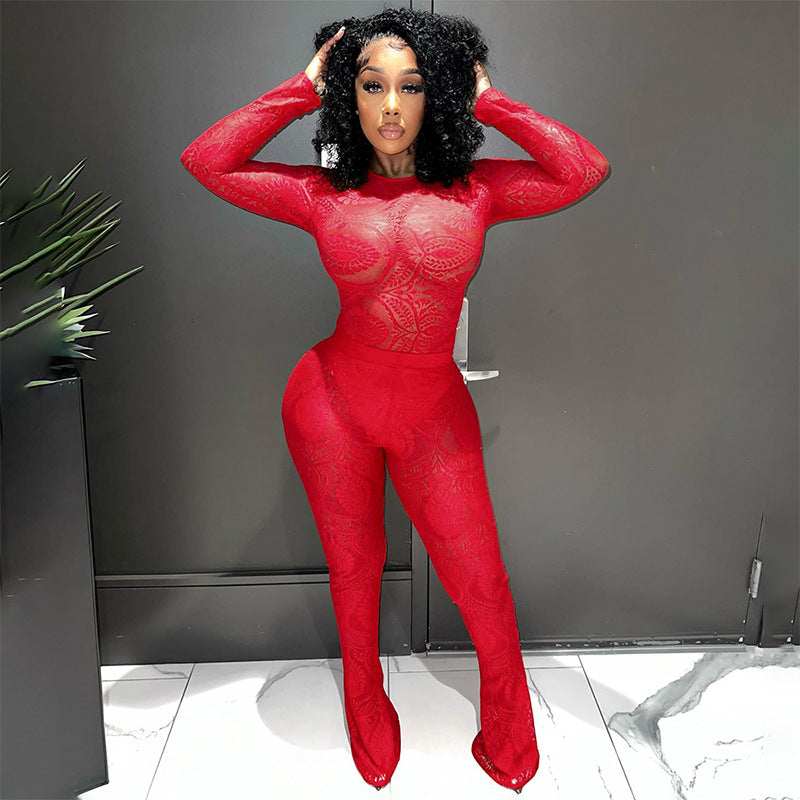 Lace Hollow Out See-through Jumpsuit Trousers Suit